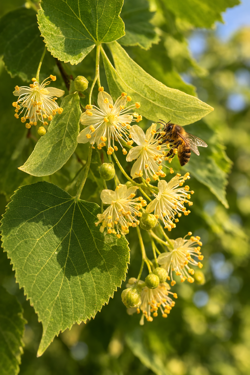 Fleurs de tilleul mellifères visitées par les abeilles en été à Satigny près de Genève